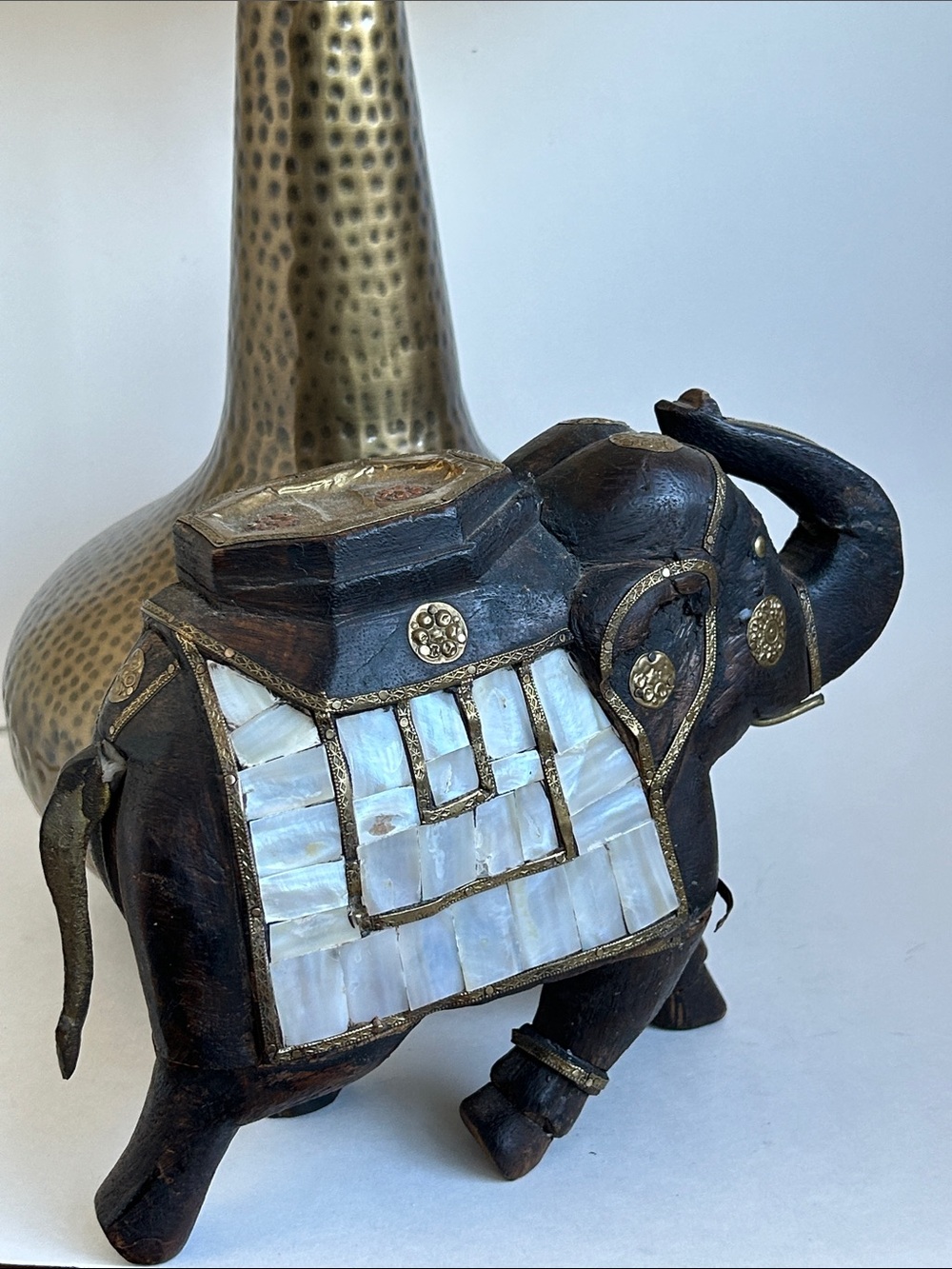 Vintage Decorative Wooden Elephant Figurine Mother-of-Pearl Inlay Brass Trim
